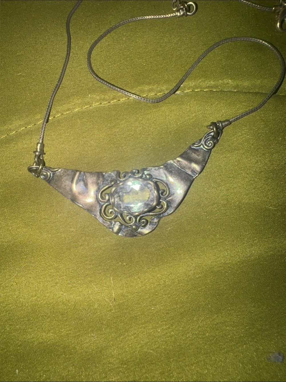 925 Silver Iridescent Stone Crescent Necklace
